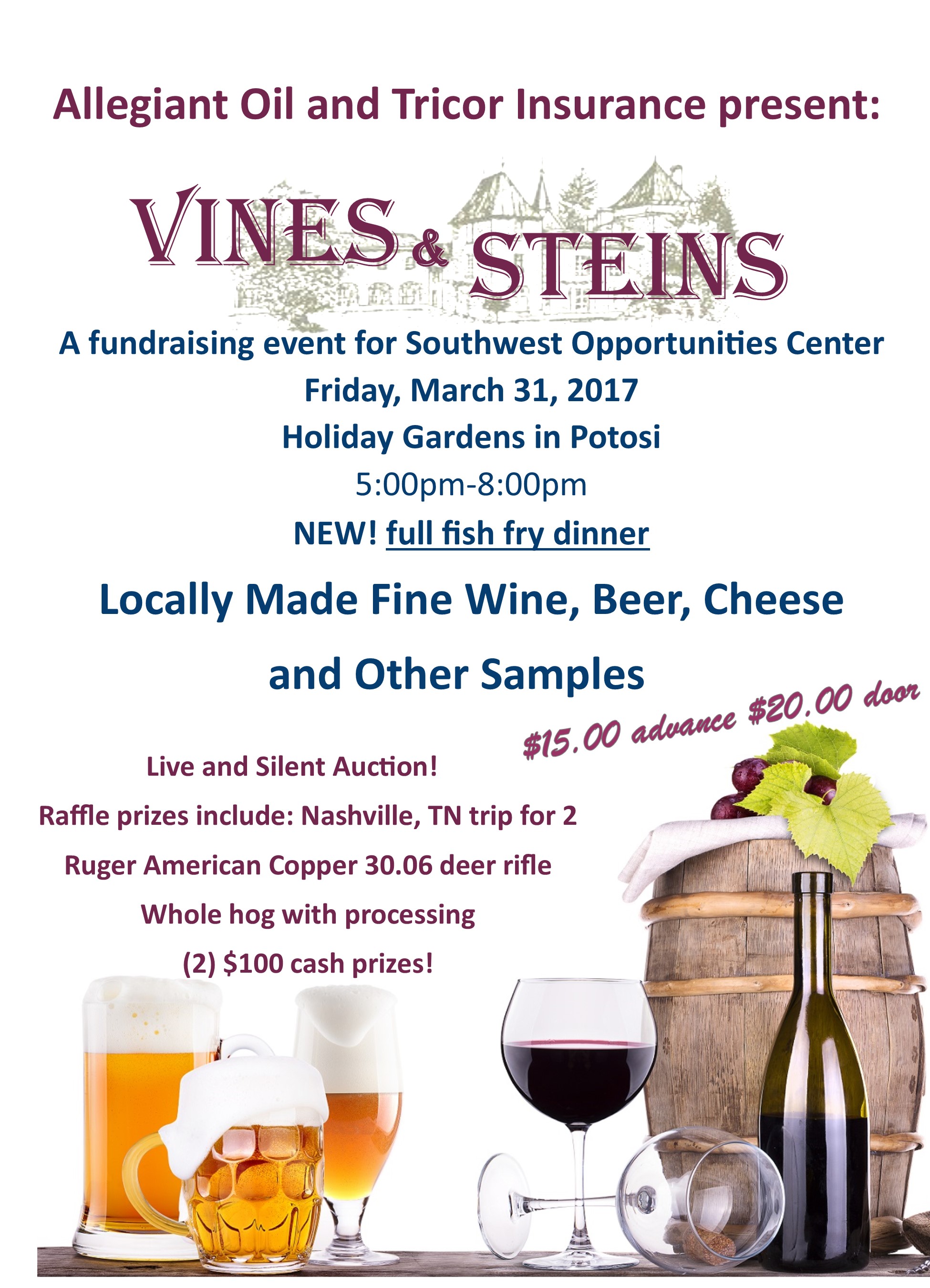 14th Annual Vines & Steins Fundraiser @ Holiday Gardens | Potosi | Wisconsin | United States